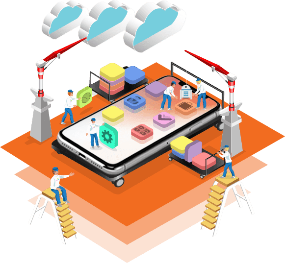 Software development workspace with multiple screens showing code and mobile app